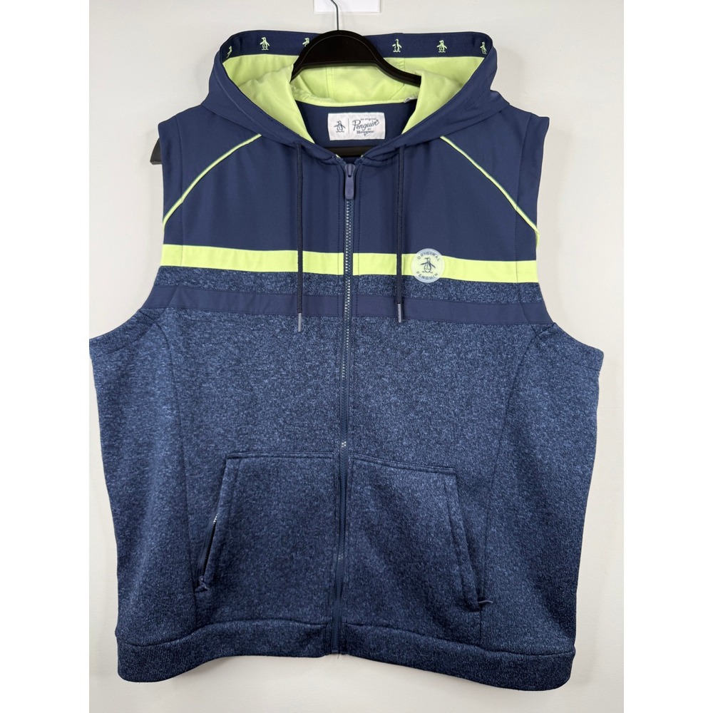 Original Penguin Mens Hooded Vest Blue Navy Lime Full Zip Sleeveless Jacket XXL